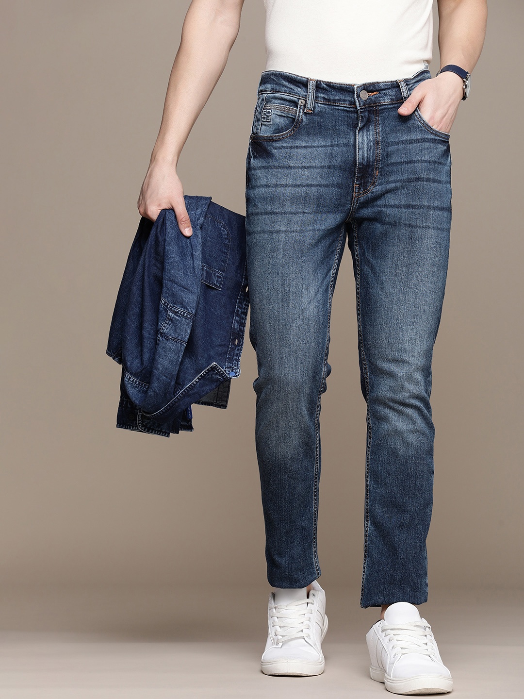 

French Connection Men Slim Fit Light Fade Stretchable Casual Jeans, Blue