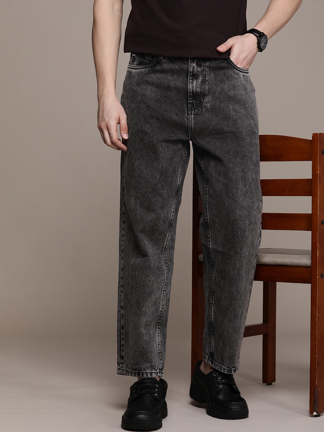 

French Connection Men Pure Cotton Loose Fit Heavy Fade Jeans, Charcoal