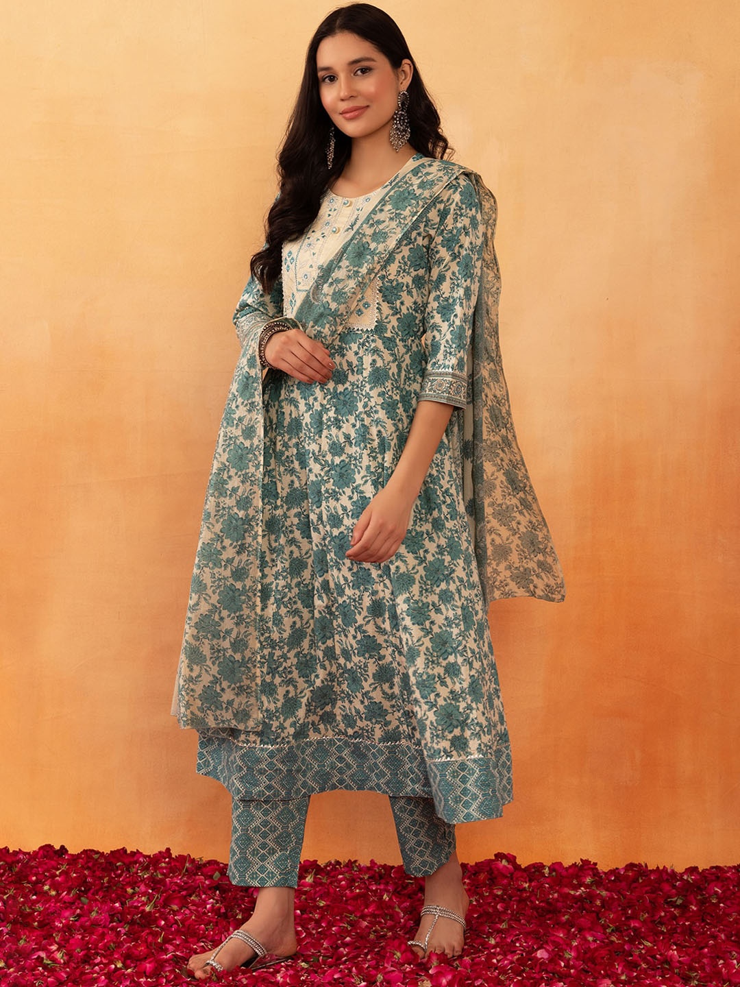 

Rang by Indya Floral Printed Thread work Pure Cotton A-Line Kurta With Trouser & Dupatta, Green