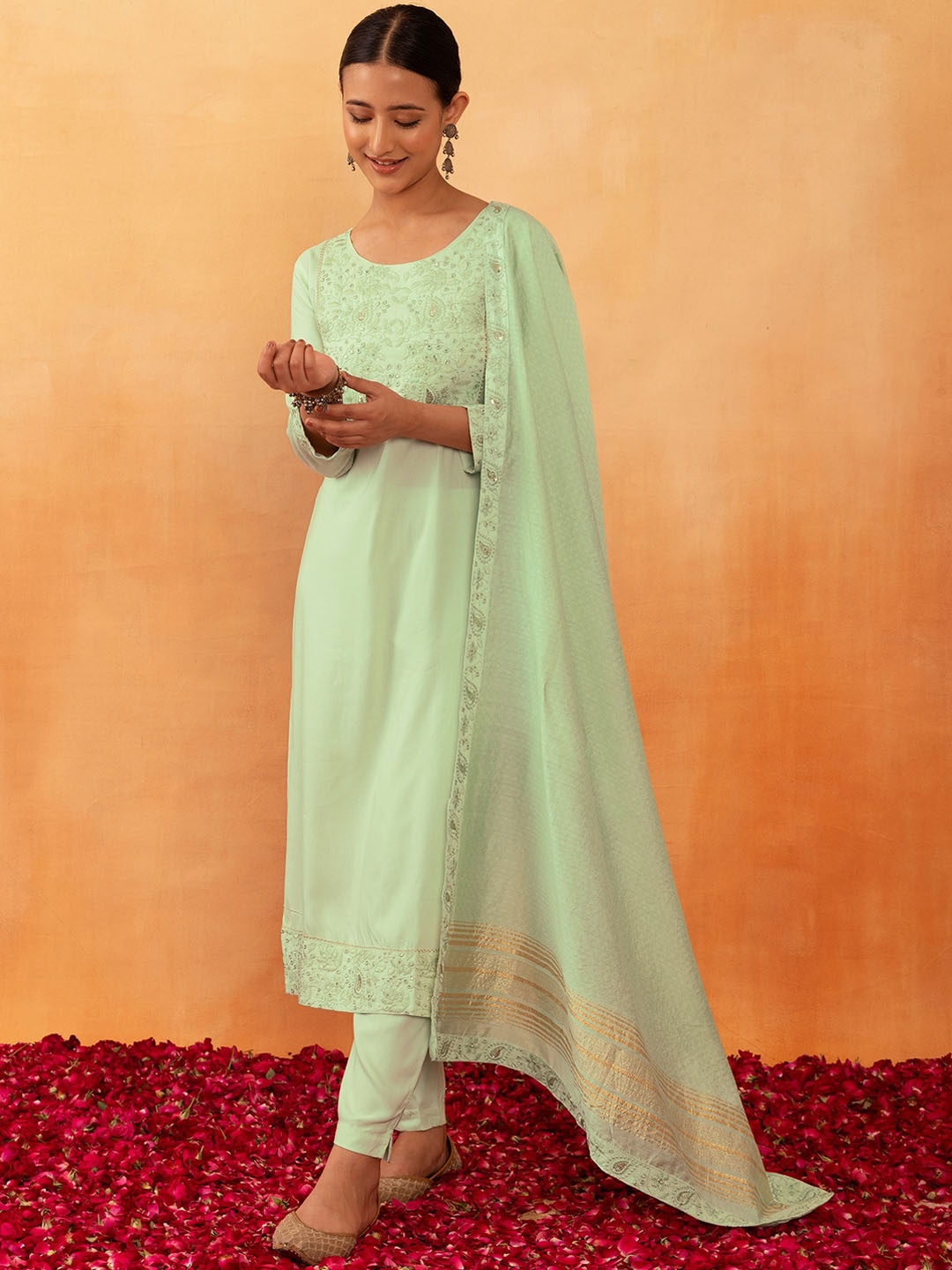 

Rang by Indya Ethnci Motifs Embroidered Sequined A-Line Kurta With Trouser & Dupatta, Green