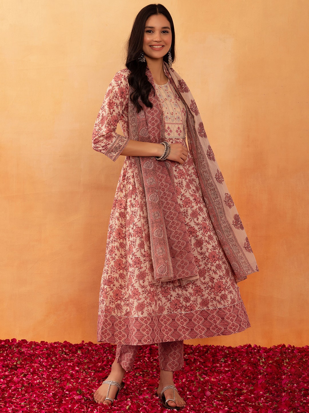 

Rang by Indya Floral Printed Thread Work Pure Cotton Anarkali Kurta With Trouser & Dupatta, Off white
