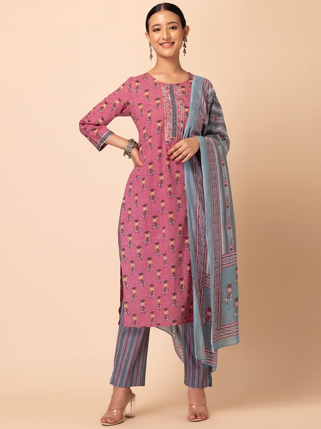 

Rang by Indya Boota Print & Zari Embroidered Pure Cotton Kurta With Trouser & Dupatta, Pink