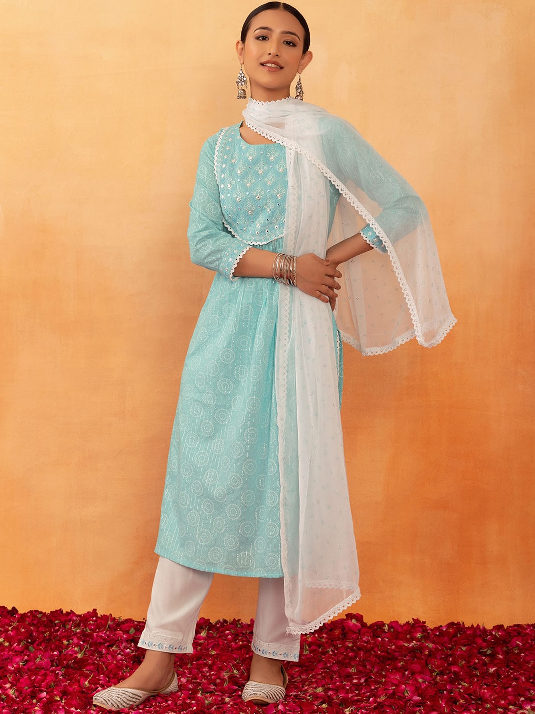 

Rang by Indya Bandhani Printed Mirror Work Pure Cotton A-Line Kurta With Trouser & Dupatta, Turquoise blue