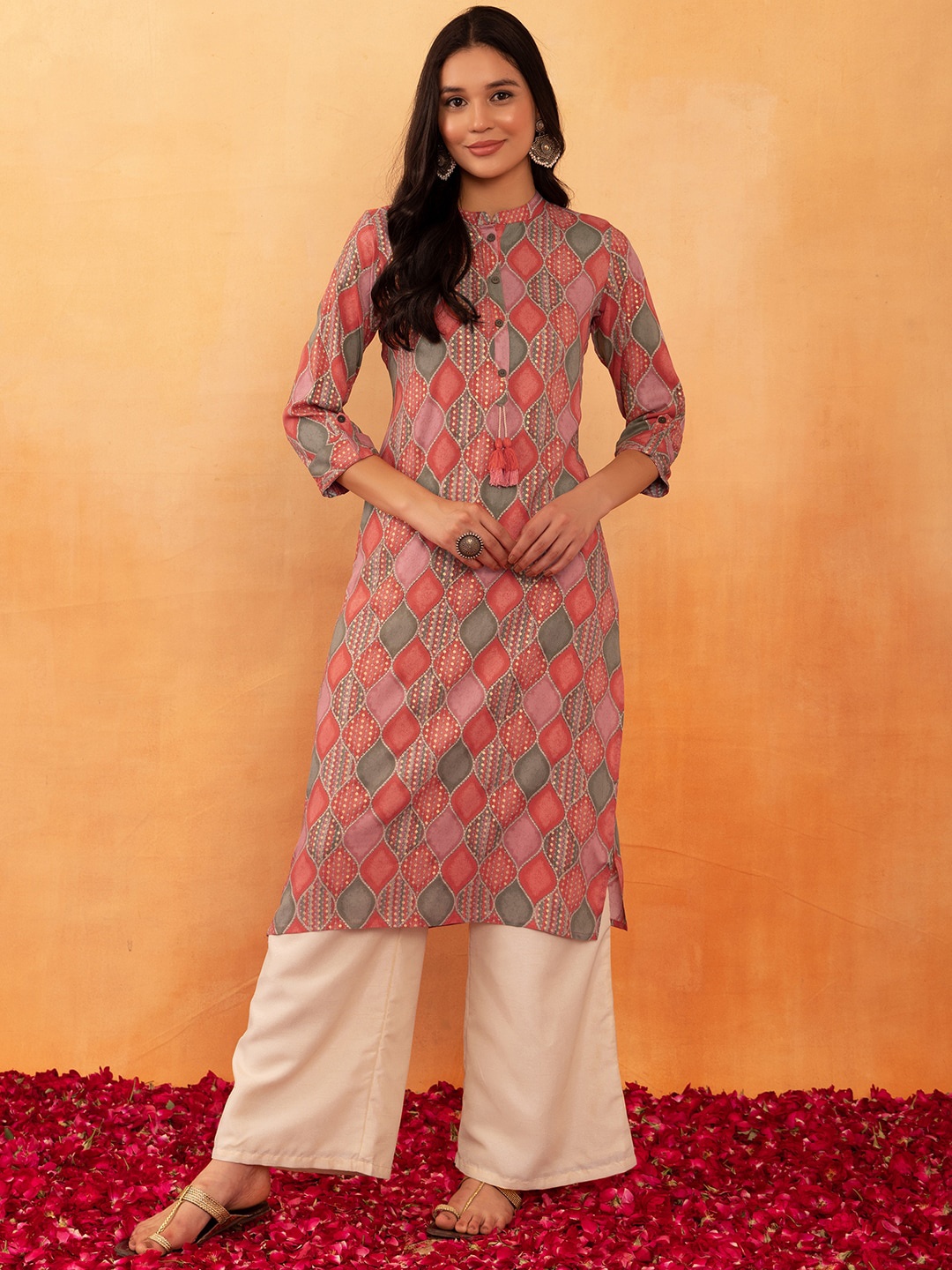 

Rang by Indya Mandarin Collar Ethnic Motifs Printed Straight Kurta, Orange