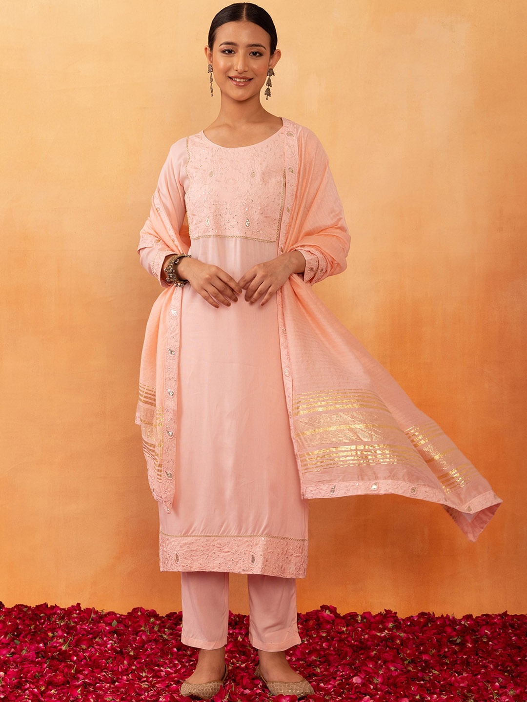 

Rang by Indya Sequined Embroidered Kurta With Trouser & Dupatta, Peach