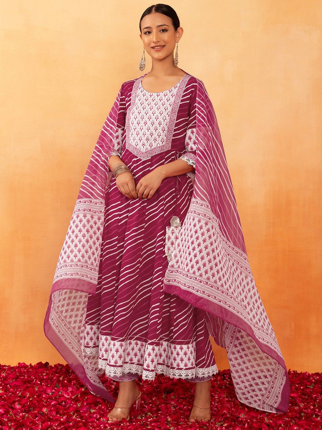 

Rang by Indya Striped Pure Cotton A-Line Kurta With Trouser & Dupatta, Pink