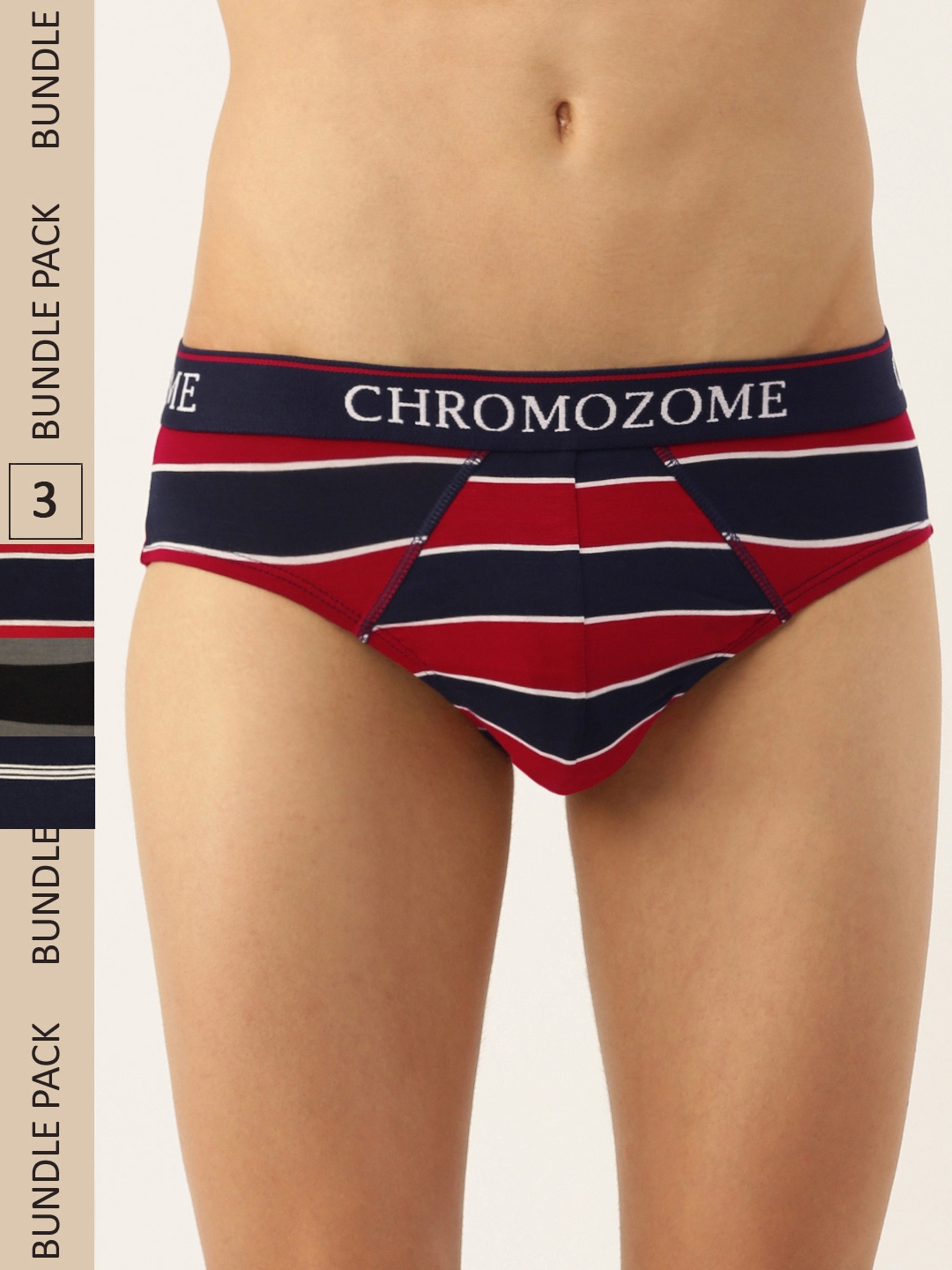 

Chromozome Men Pack of 3 Ultra-Premium Micro-Modal Striped Briefs 8902733643023, Red