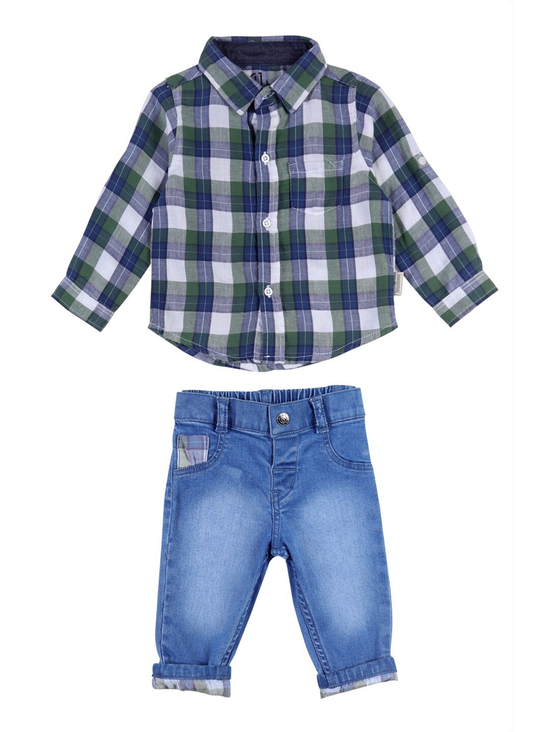 

GJ baby Infant Boys Checked Cotton Shirt with Trousers, Blue