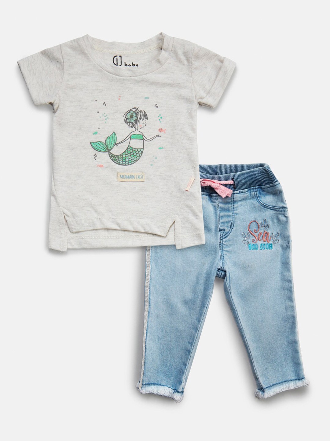 

GJ baby Infants Girls Printed Cotton T-shirt With Jeans Set, Off white