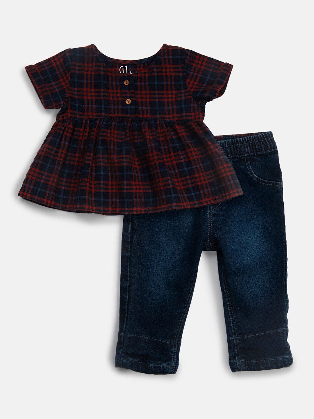 

GJ baby Infants Girls Checked Cotton Top With Jeans Set, Red