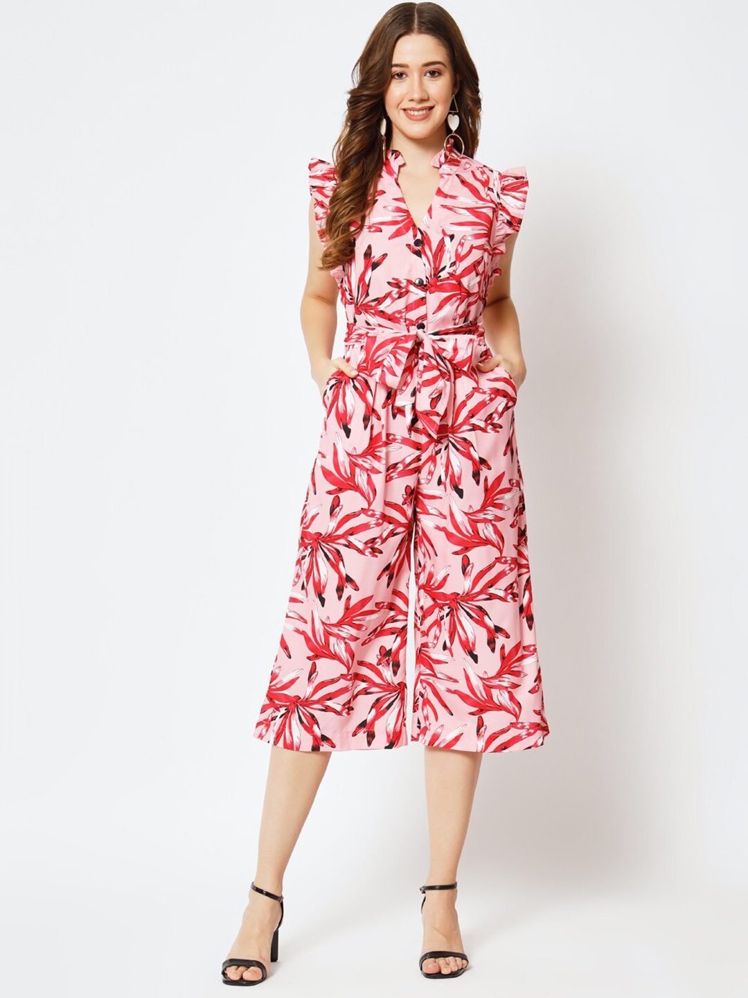 

HERE&NOW Pink & Red Printed Cotton Basic Jumpsuit