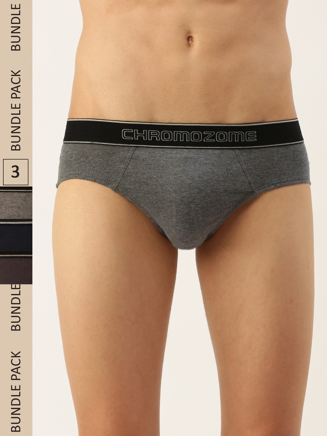 

Chromozome Men Pack of 3 Premium Pure Cotton Mid-Rise Briefs 8902733638869, Grey