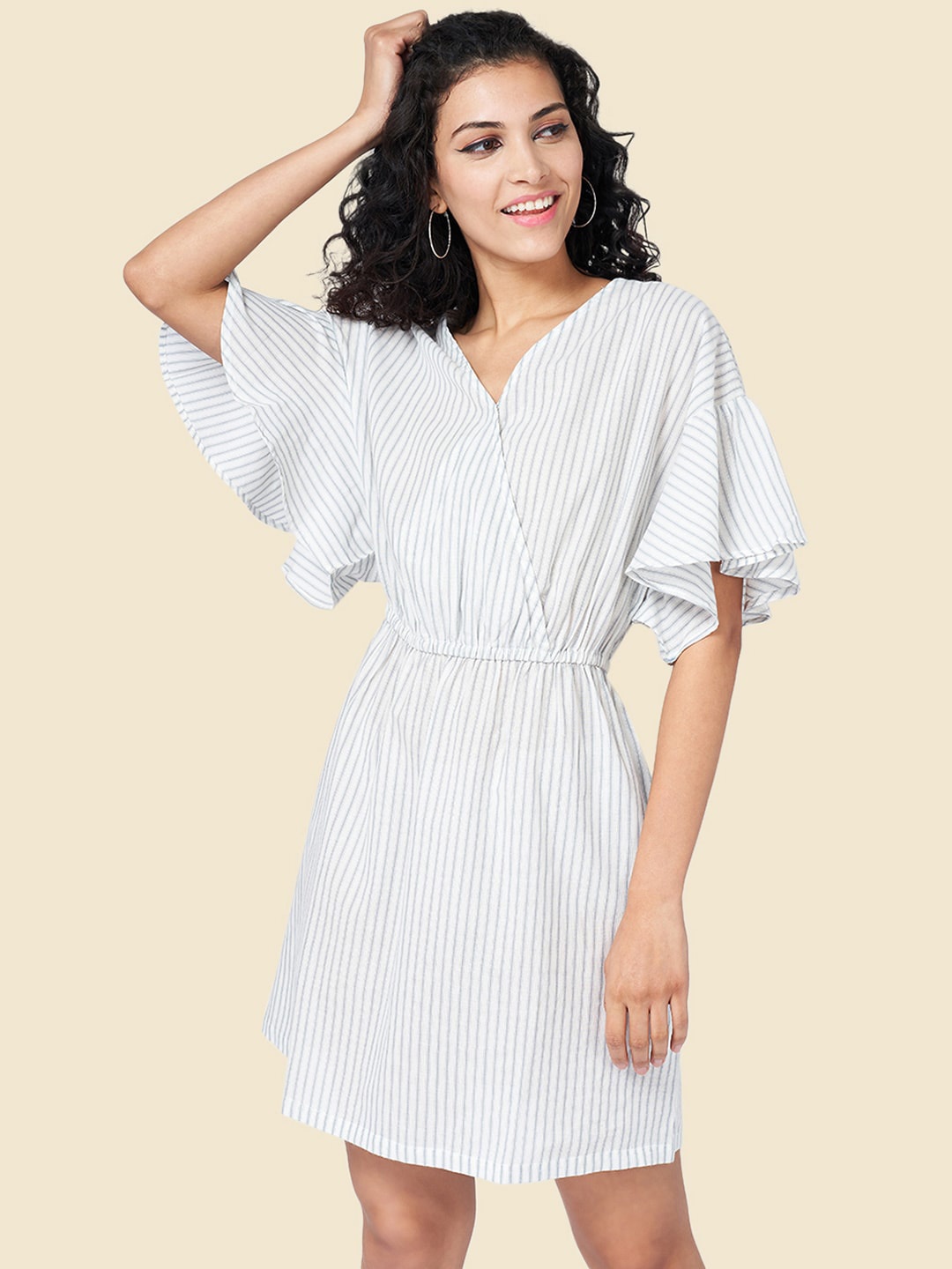 

YU by Pantaloons Striped Flutter Sleeve Wrap Dress, White