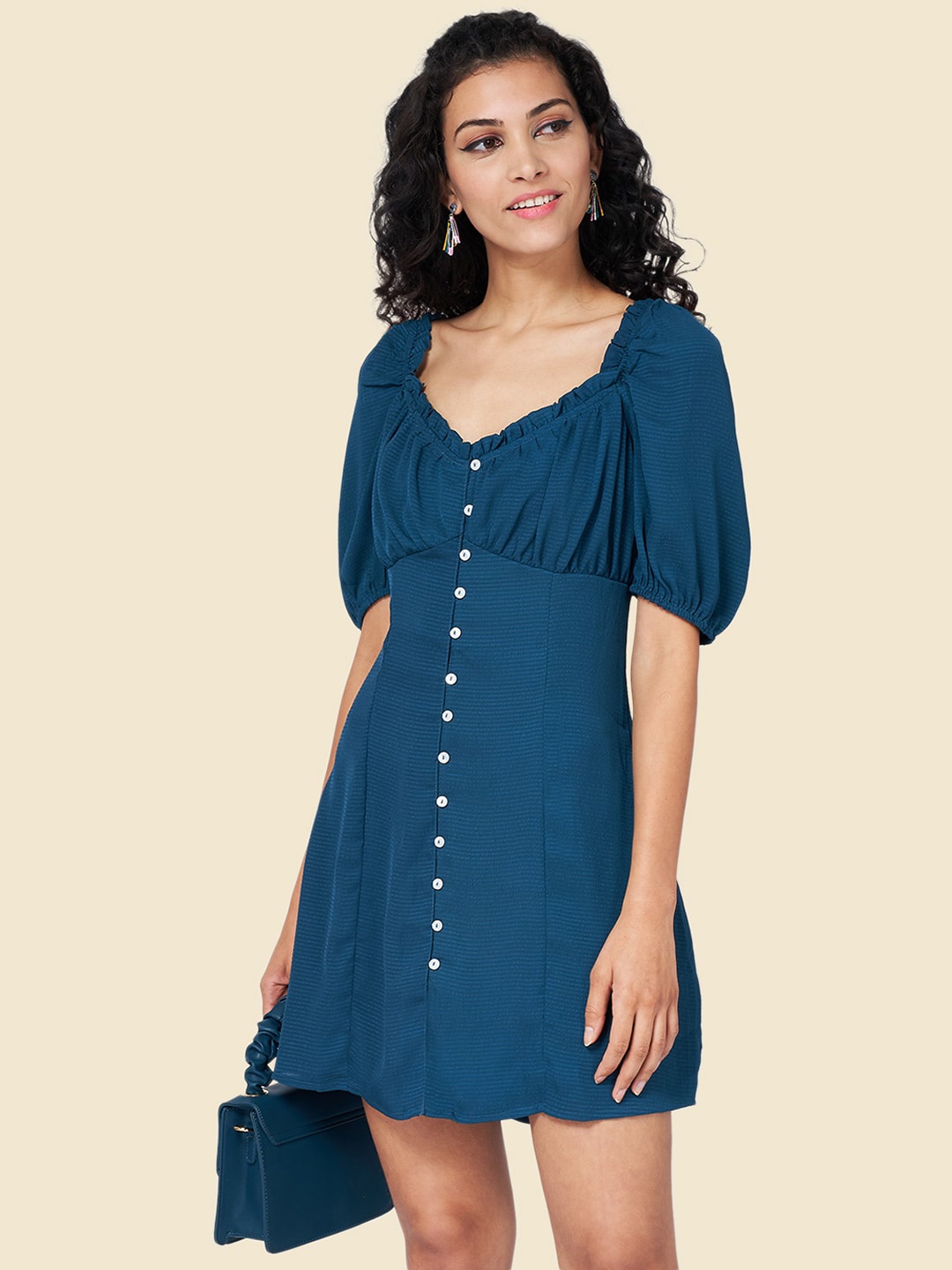 

YU by Pantaloons Puff Sleeve A-Line Dress, Teal