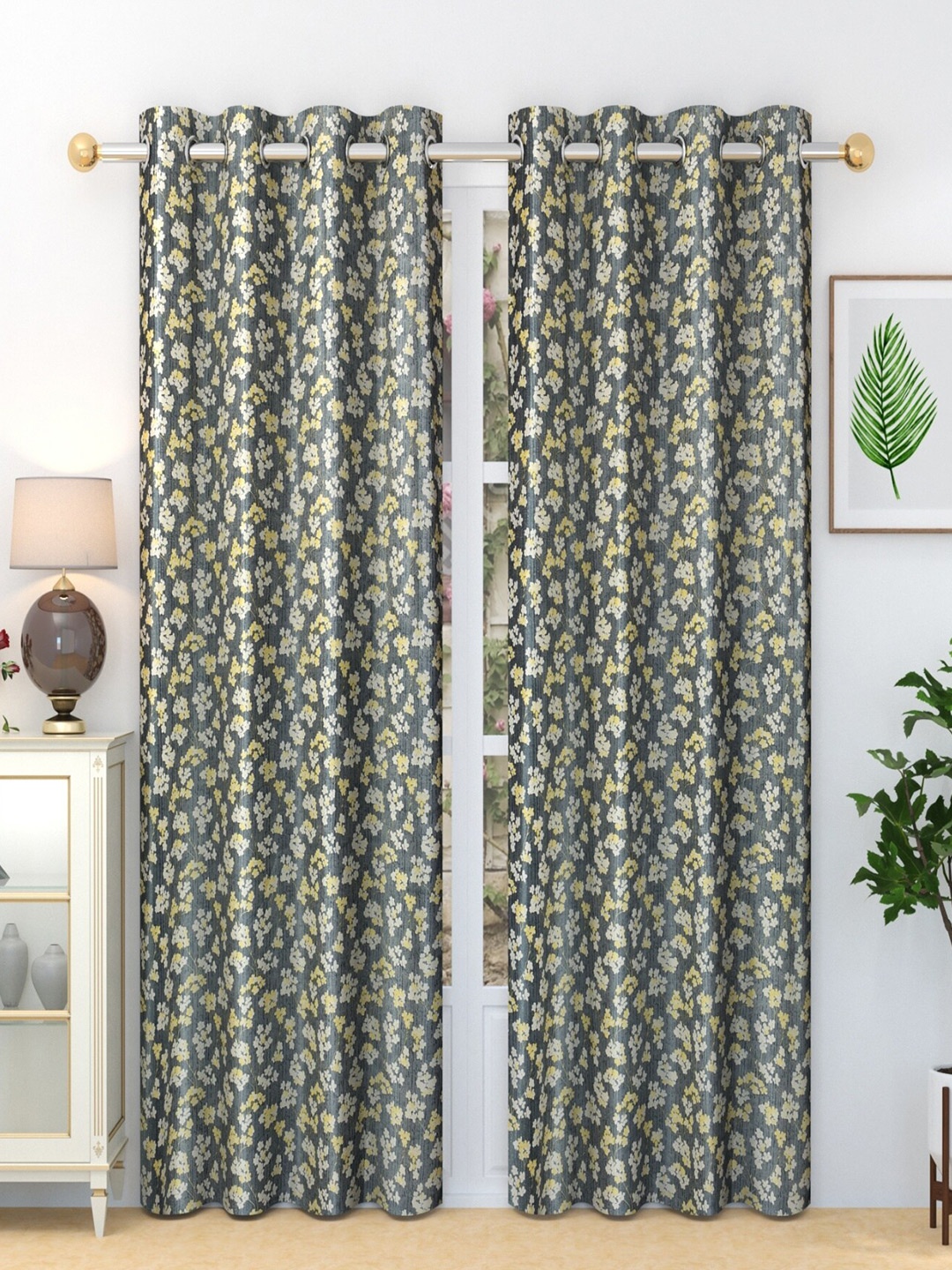 

Homefab India Snow Grey & White 2 Pieces Floral Long Door Curtains