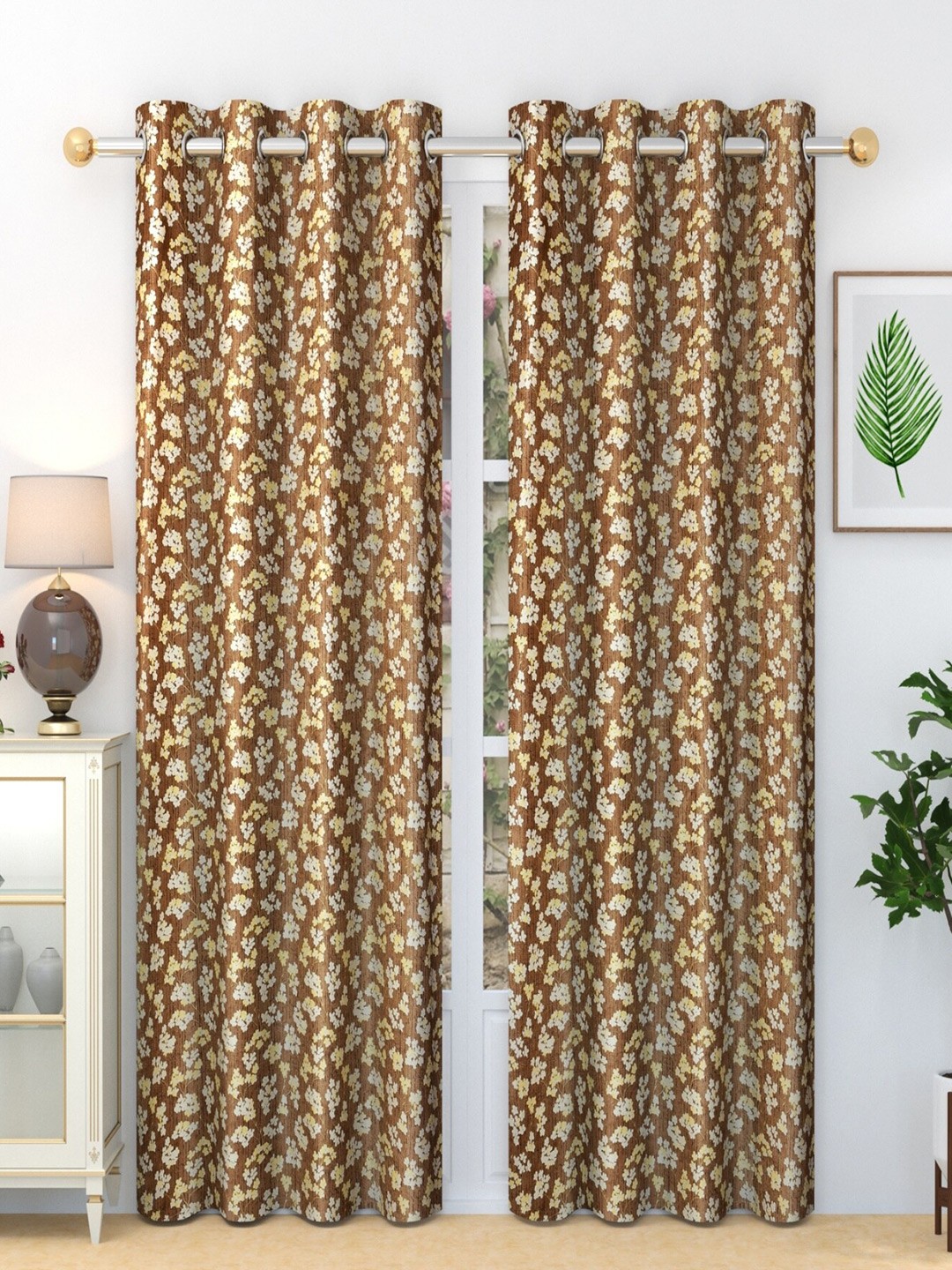 

Homefab India 2 Pieces Brown & White Floral Long Door Curtain