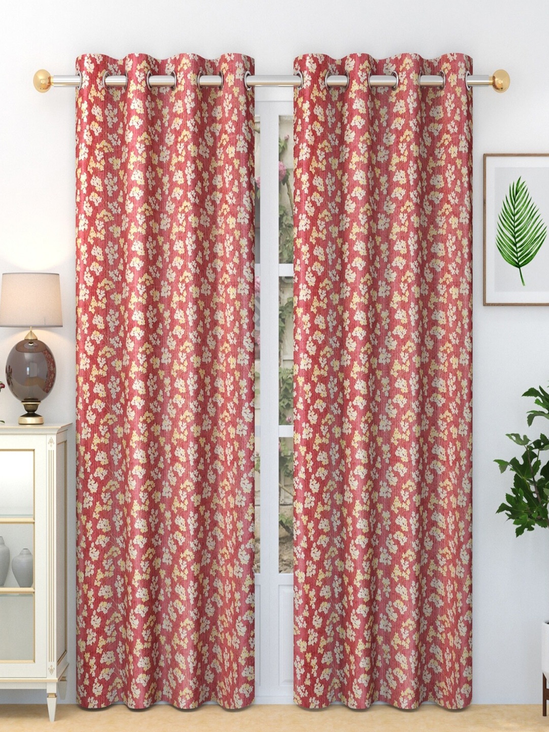 

Homefab India 2 Pieces Maroon & Yellow Floral Long Door Curtain