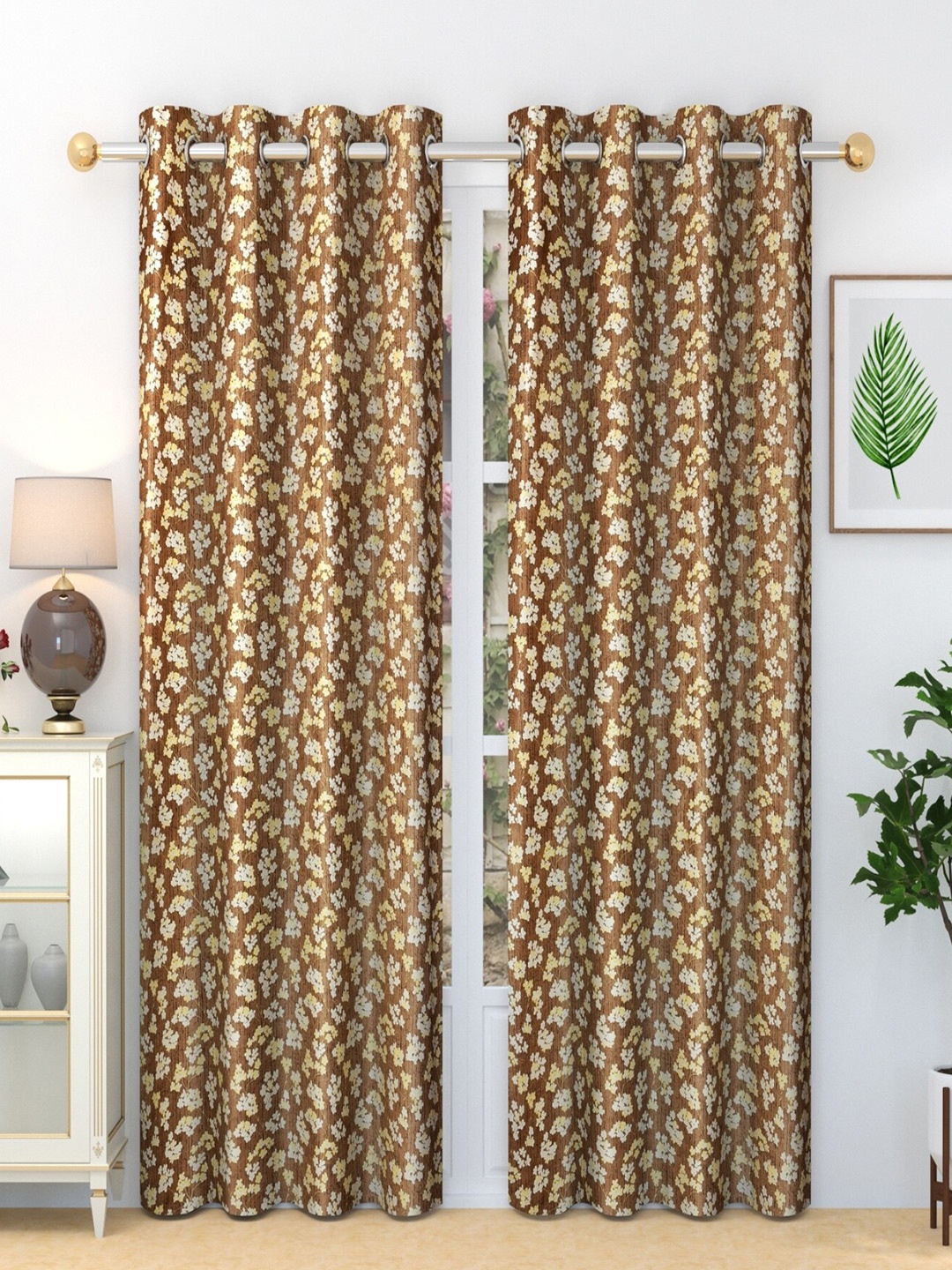 

Homefab India 2 Pieces Brown & White Floral Door Curtain