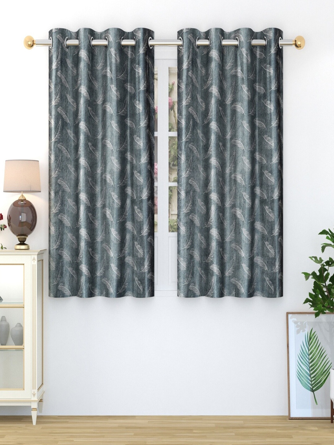 

Homefab India 2 Pieces Grey & White Floral Window Curtain