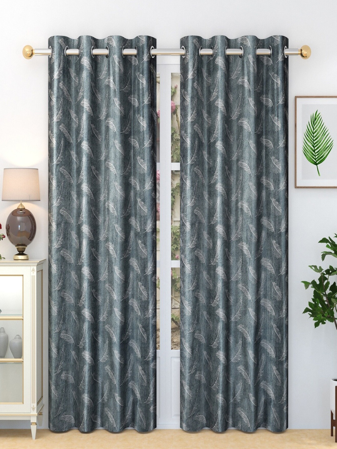 

Homefab India 2 Pieces Grey & White Floral Door Curtain