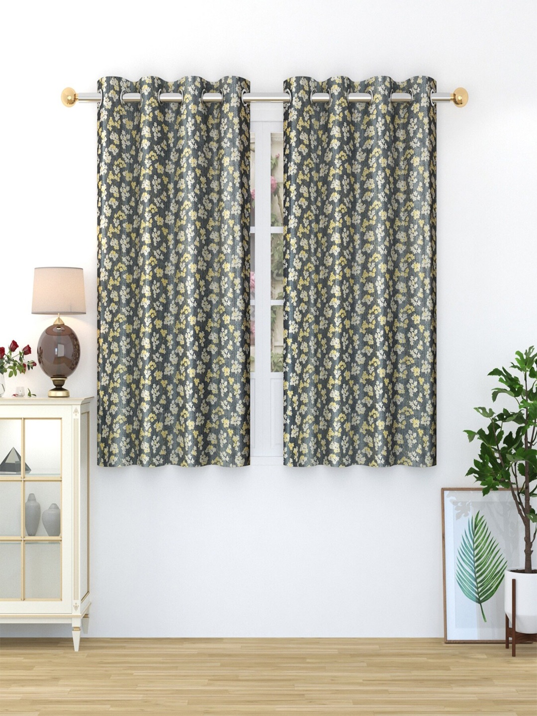 

Homefab India Grey & White 2 Pieces Floral Window Curtain