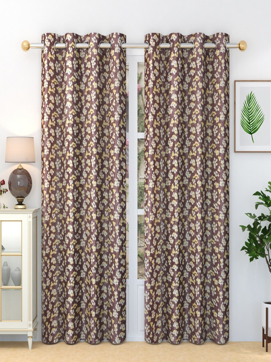 

Homefab India Burgundy & White 2 Pieces Floral Door Curtain