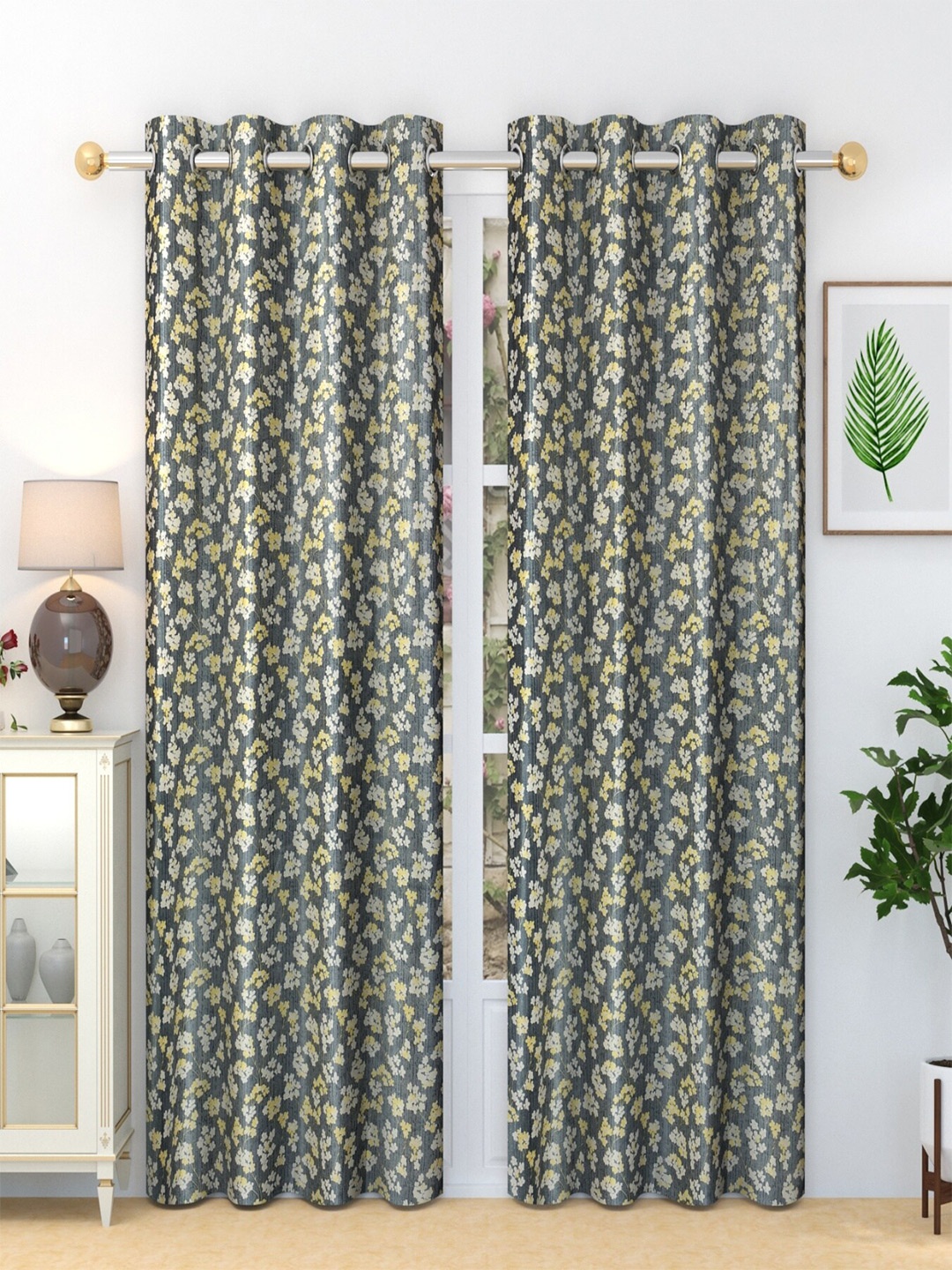 

Homefab India 2 Pieces Grey & White Floral Door Curtains