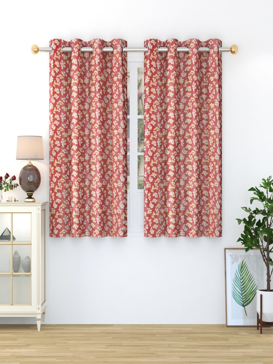 

Homefab India 2 Pieces Pink & White Floral Window Curtains