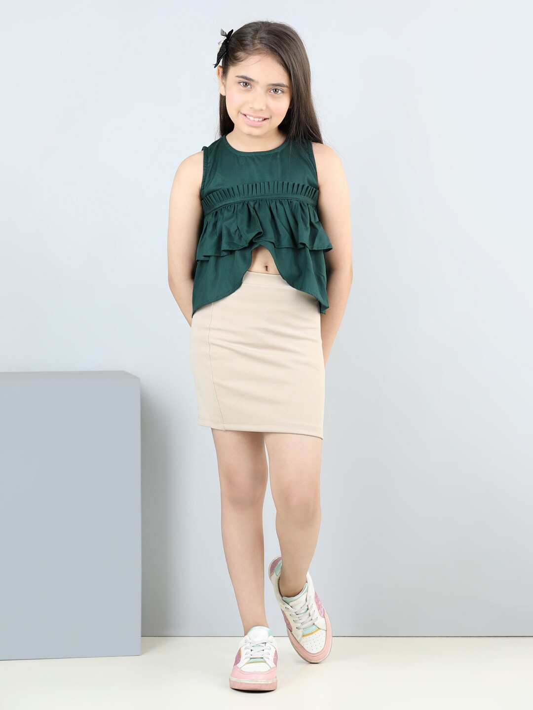 

AWW HUNNIE Girls Pure Cotton Top with Skirt Clothing Set, Green