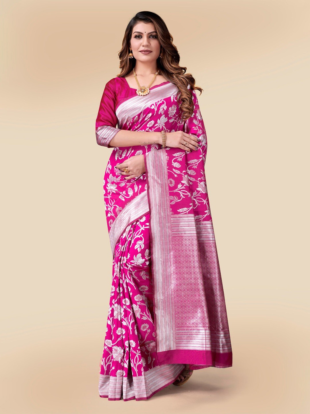 

VEERAX Floral Woven Design Zari Saree, Pink