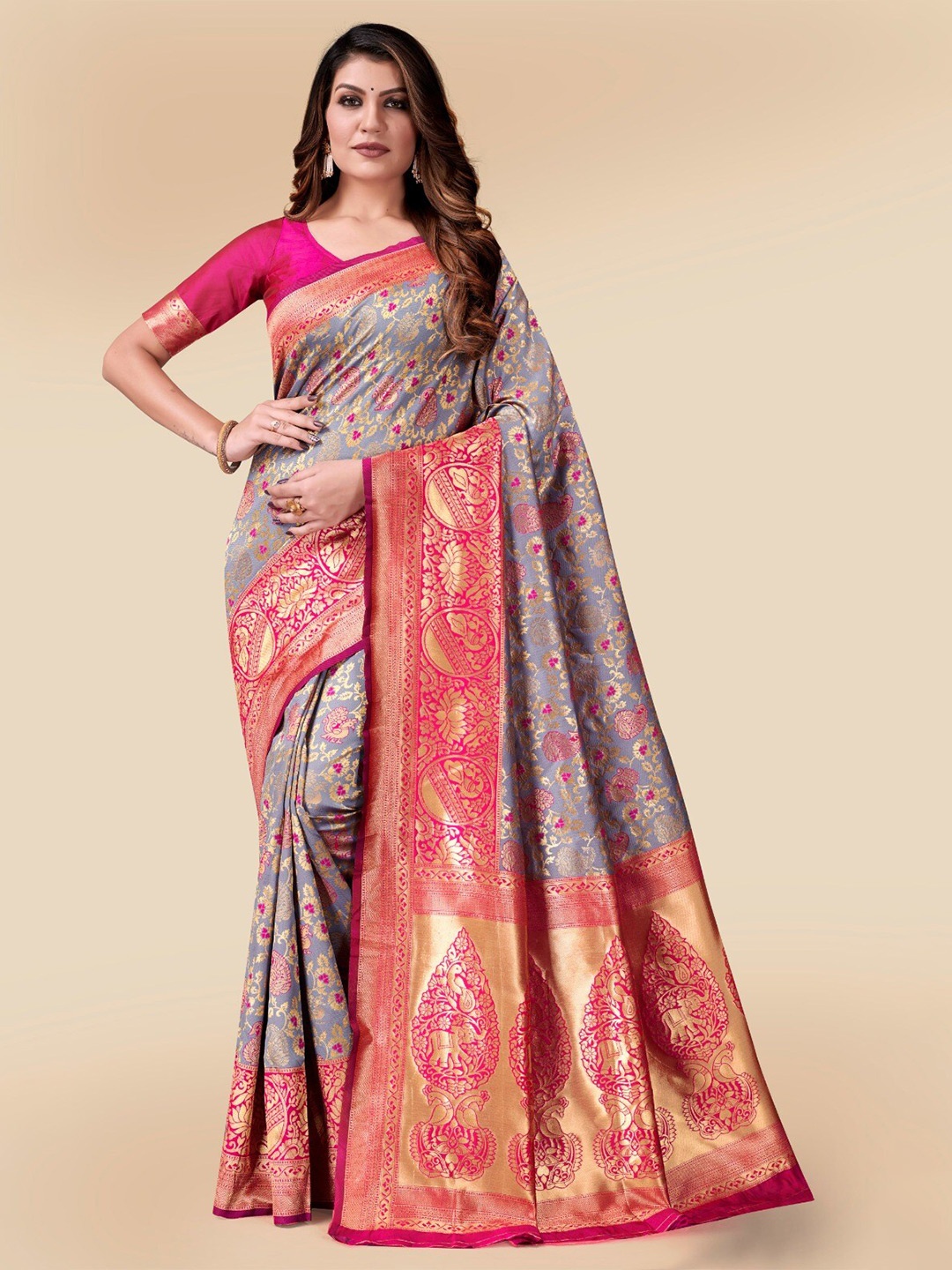 

VEERAX Floral Woven Design Zari Kota Saree, Grey