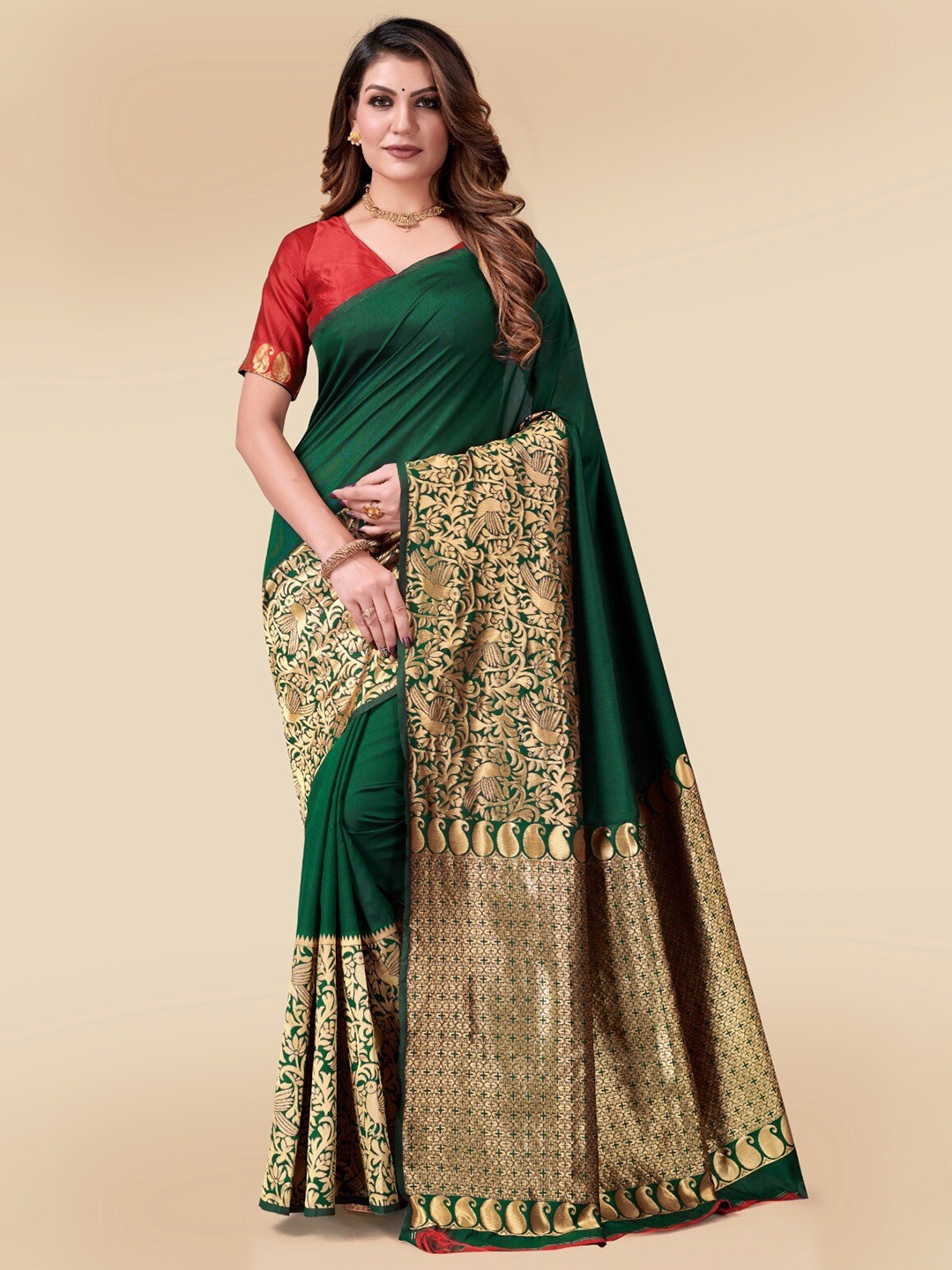 

VEERAX Zari Silk Blend Saree, Green