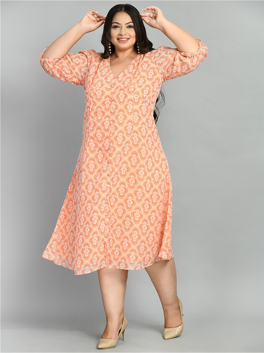 

PrettyPlus by Desinoor.com Floral Print Puff Sleeve Georgette A-Line Midi Dress, Orange