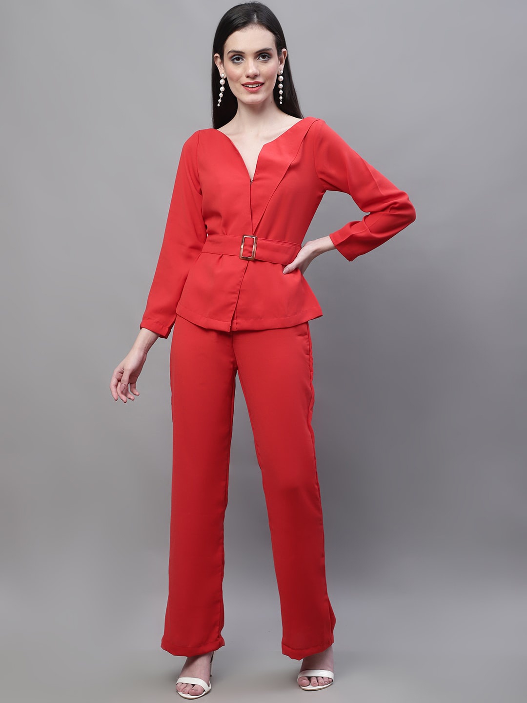 

MARC LOUIS V-Neck Belted Top With Trousers, Red