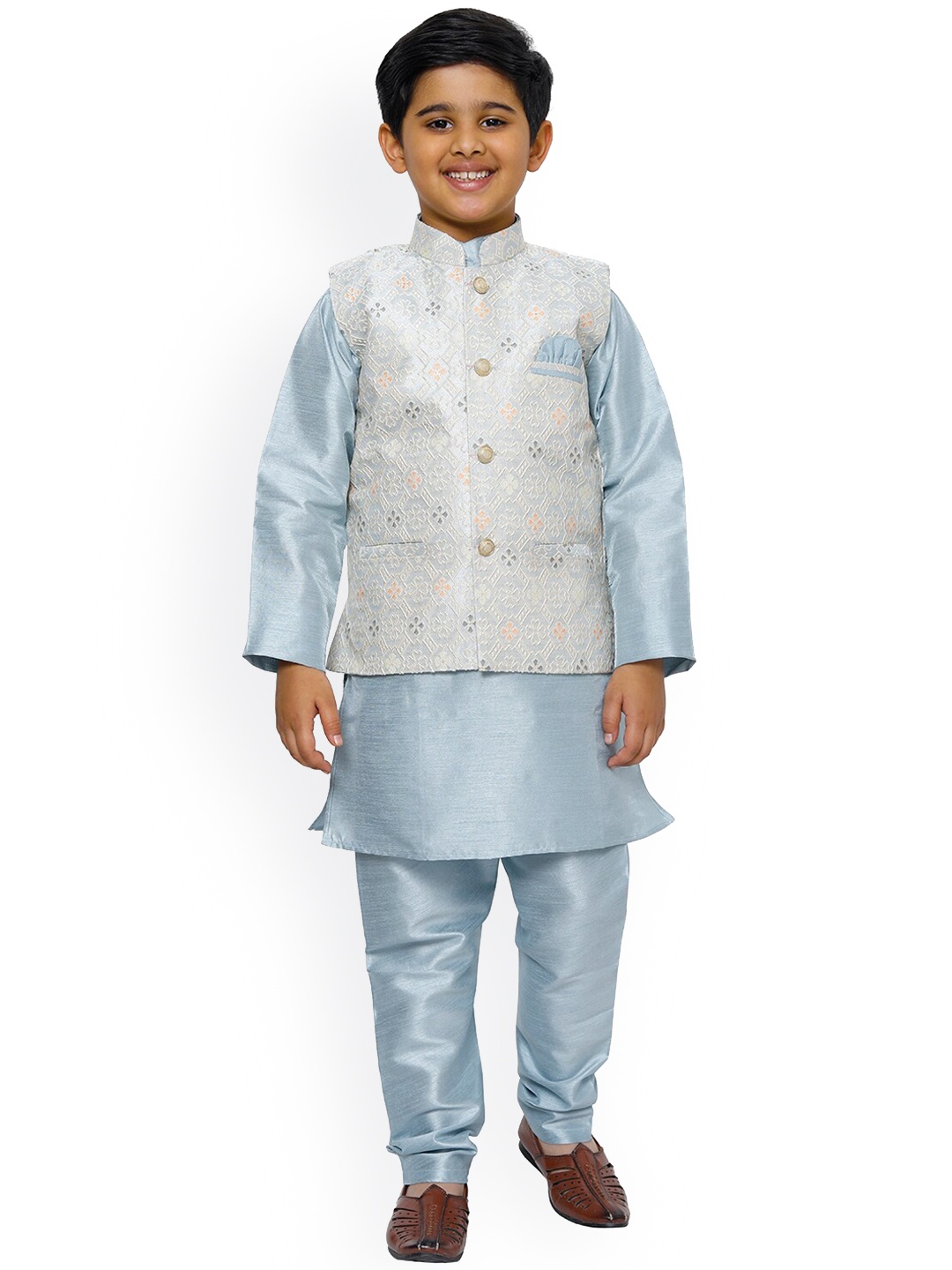 

Pro-Ethic STYLE DEVELOPER Boys Mandarin Collar Kurta with Pyjamas & Nehru Jacket, Blue