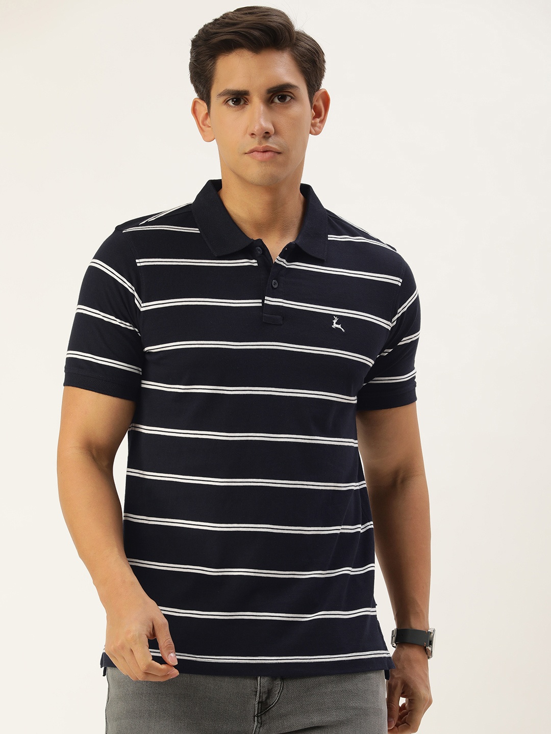 

Parx Striped Polo Collar Pure Cotton T-shirt, Navy blue