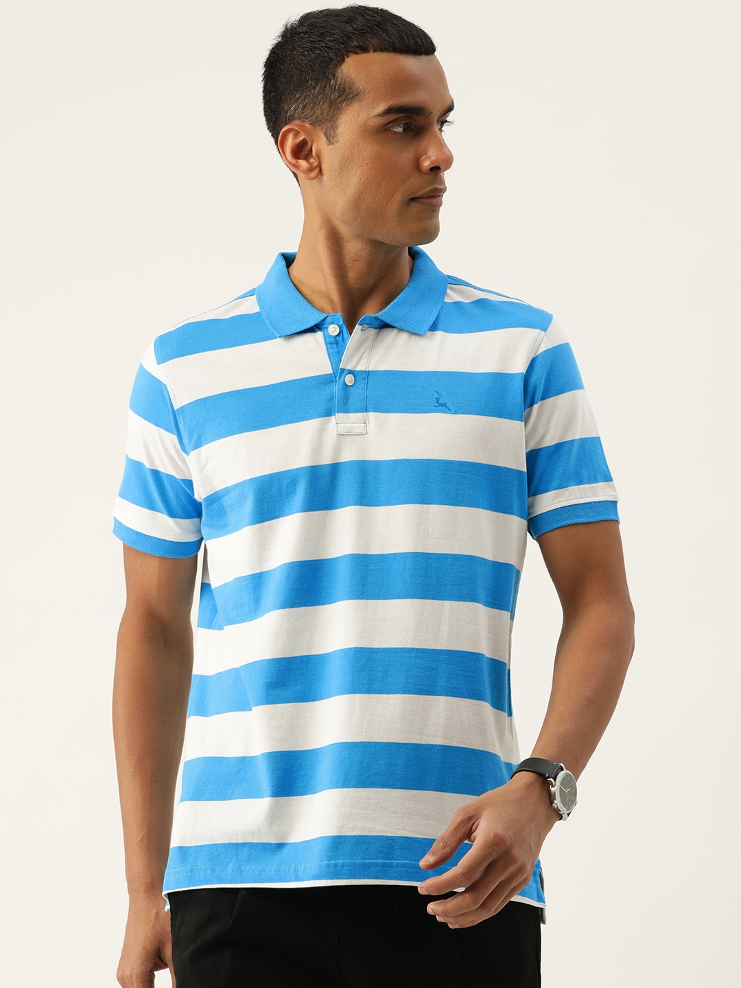 

Parx Striped Pure Cotton Polo Collar T-shirt, Blue