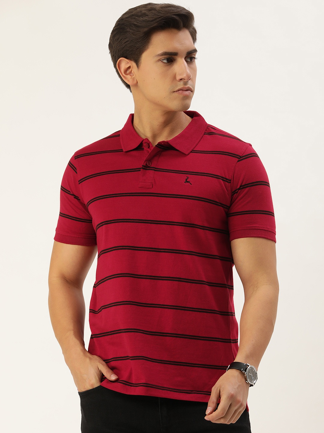 

Parx Men Striped Polo Collar Pure Cotton T-shirt, Maroon