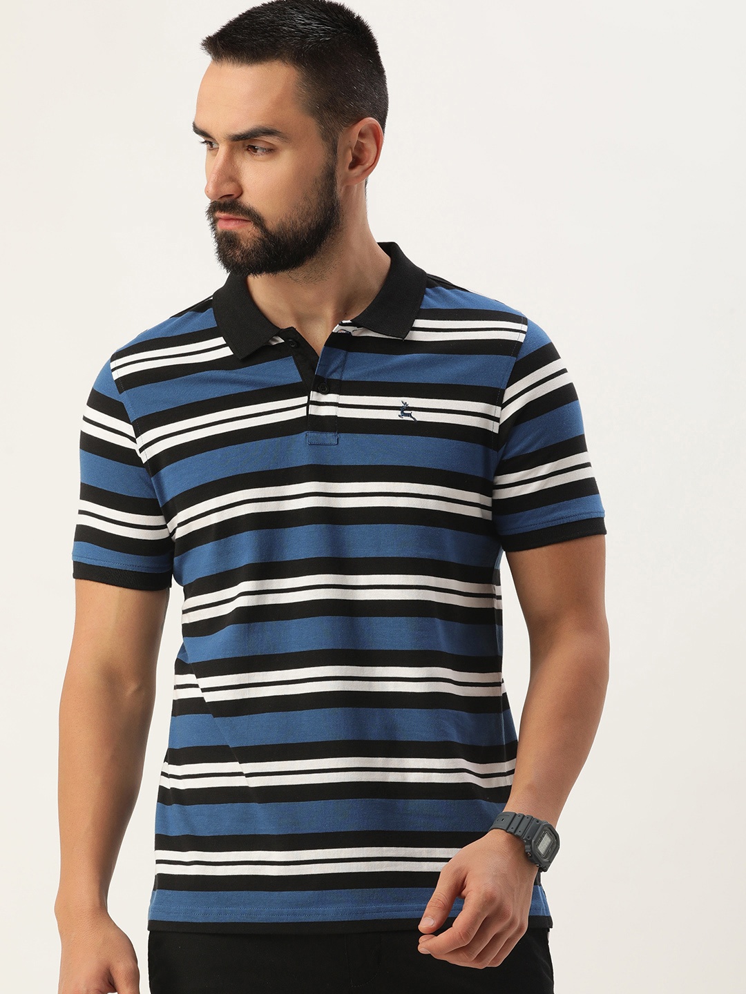 

Parx Striped Polo Collar Pure Cotton T-shirt, Navy blue