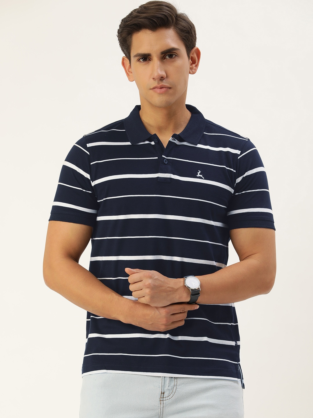 

Parx Men Striped Polo Collar Pure Cotton T-shirt, Navy blue