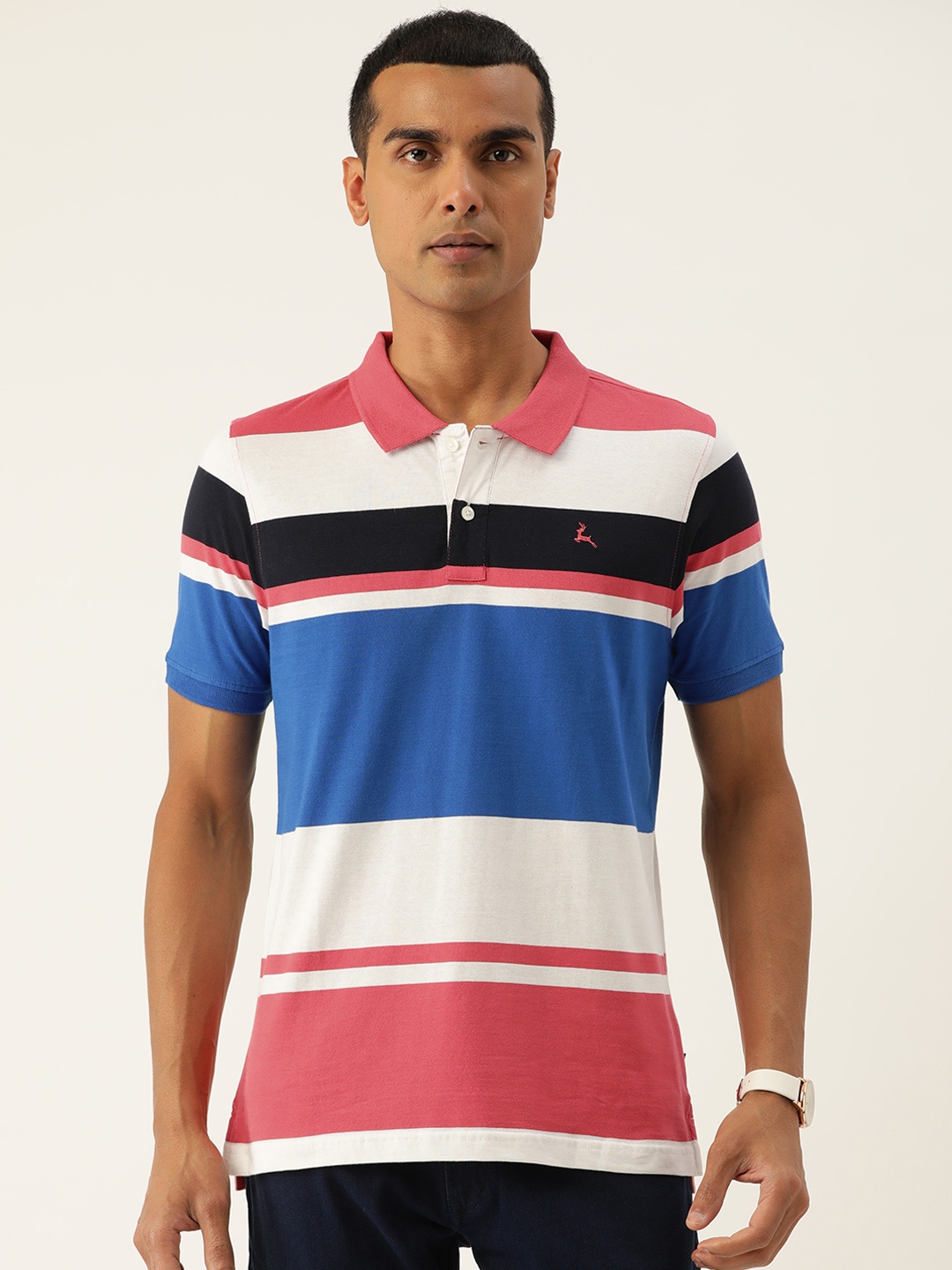 

Parx Casual Wear Collection Striped Polo Collar Pure Cotton T-shirt, Blue