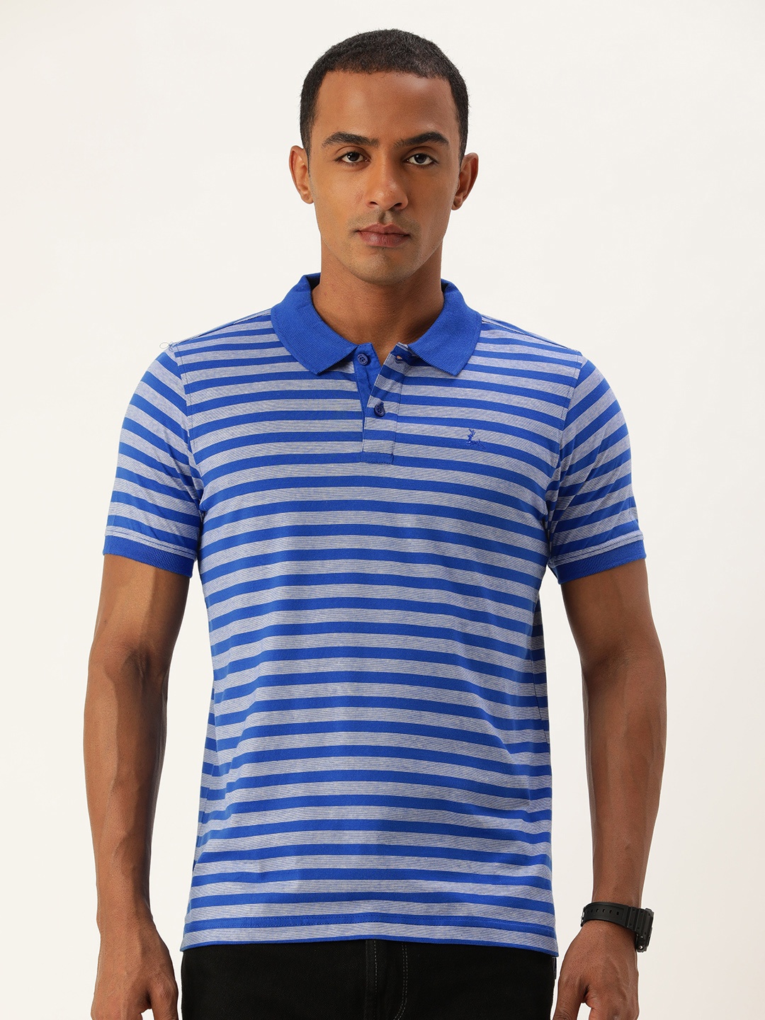 

Parx Striped Polo Collar Pure Cotton T-shirt, Blue