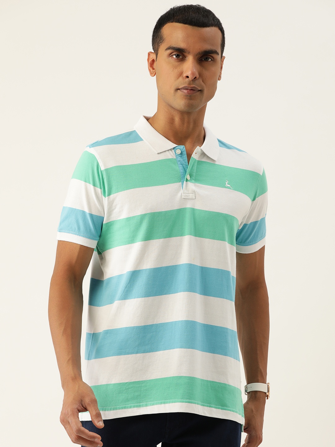 

Parx Casual Wear Collection Striped Polo Collar Pure Cotton T-shirt, Green