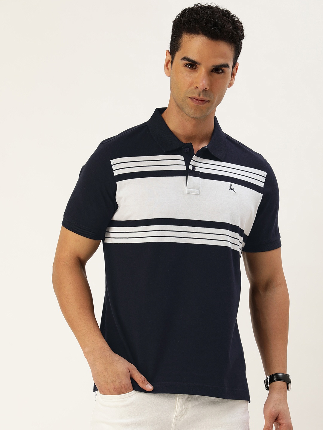 

Parx Striped Polo Collar Pure Cotton T-shirt, Navy blue