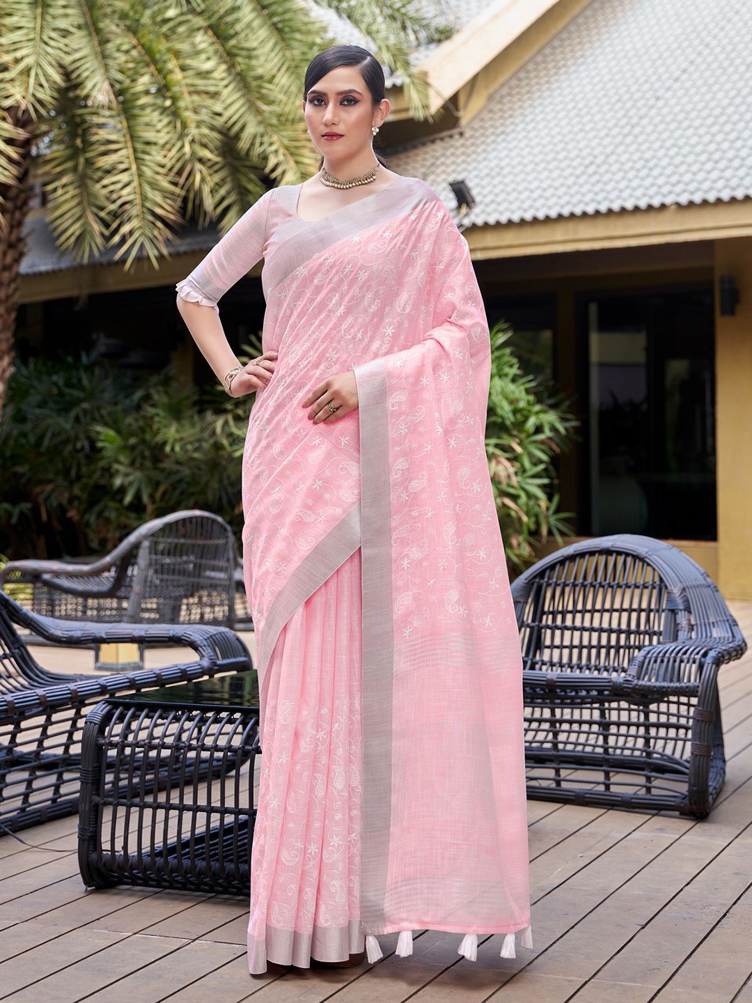 

Mitera Pink & White Floral Embroidered Zari Pure Linen Banarasi Saree