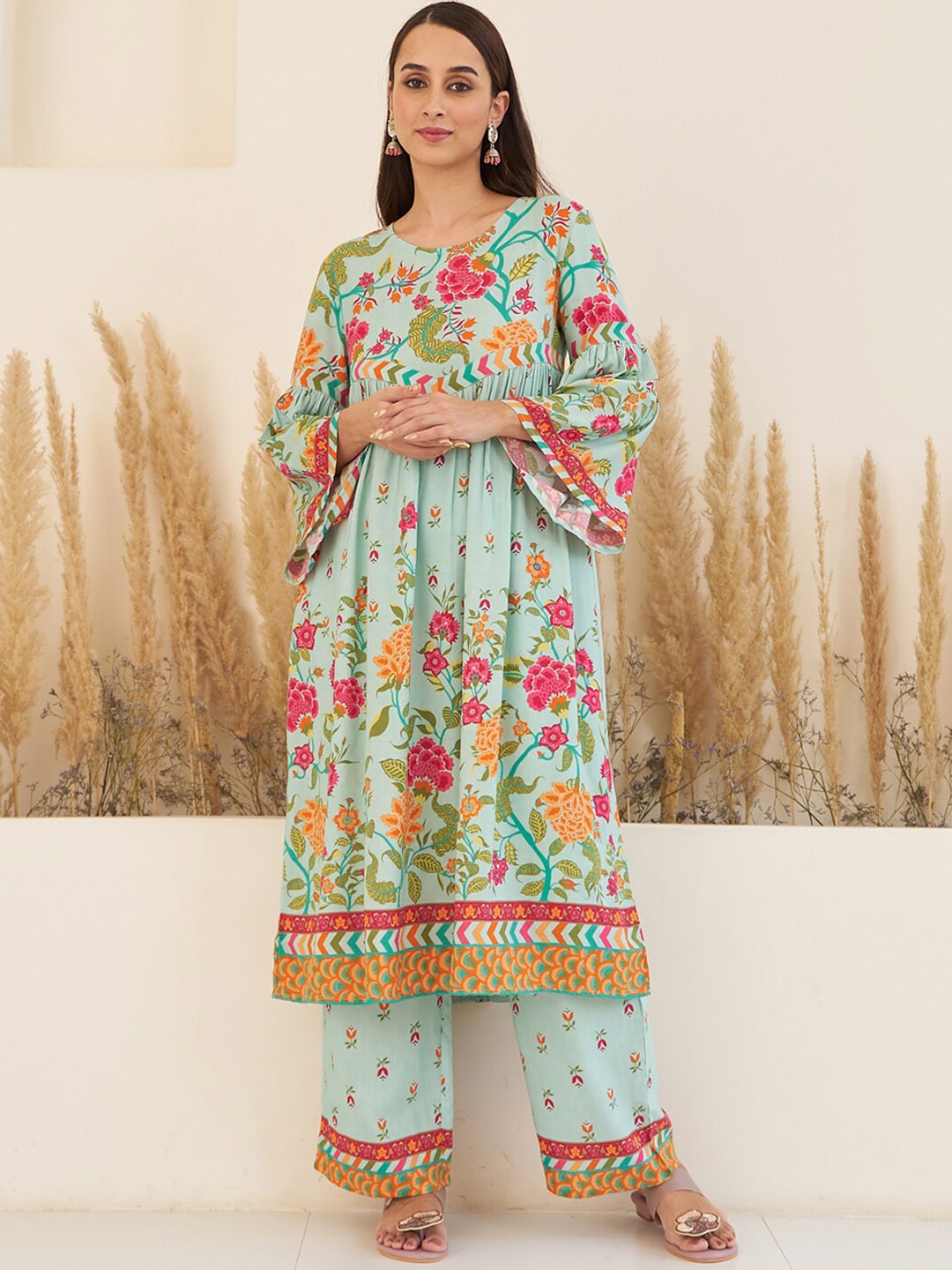 

Rustorange Floral Printed A-Line Kurta with Trousers, Sea green