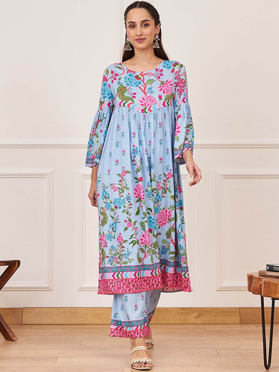 

Rustorange Floral Printed Pleated A-Line Kurta with Trousers, Blue
