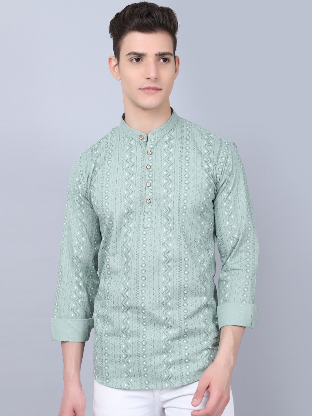 

Majestic Man Geometric Printed Band Collar Pure Cotton Short Kurta, Green