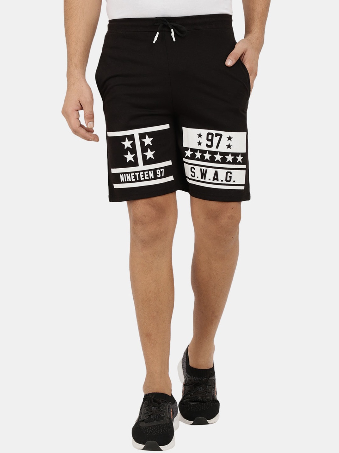 V-Mart Men Typography Printed Cotton Sports Shorts, Black
