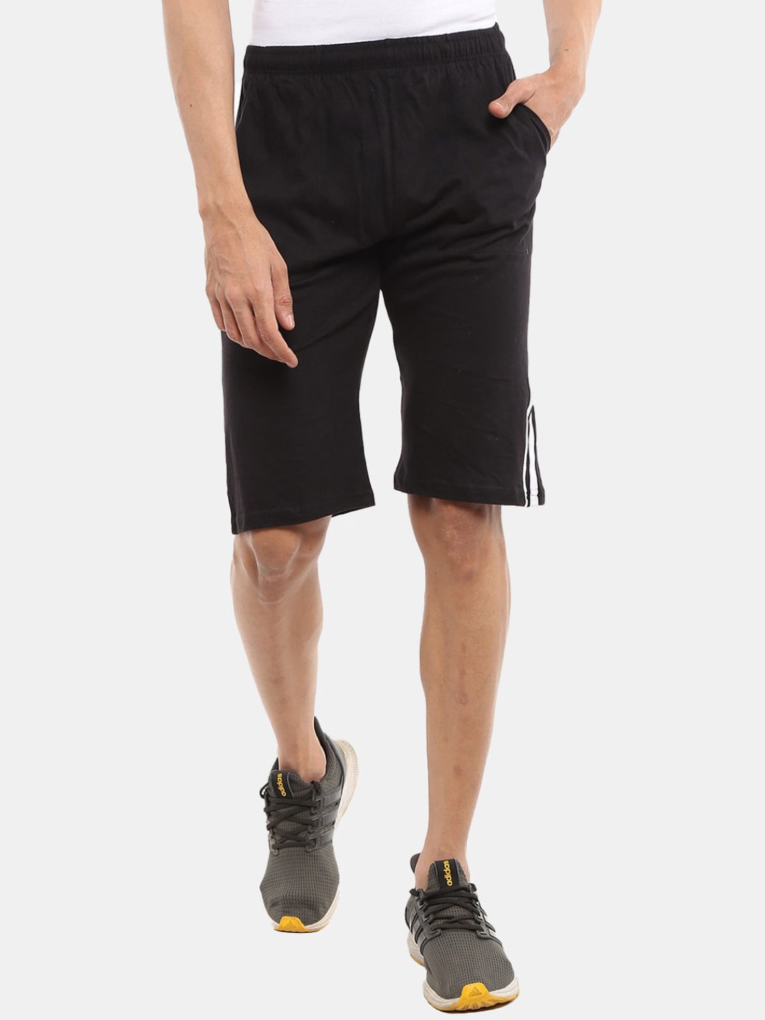 

V-Mart Men Side Strip Mid-Rise Cotton Shorts, Black